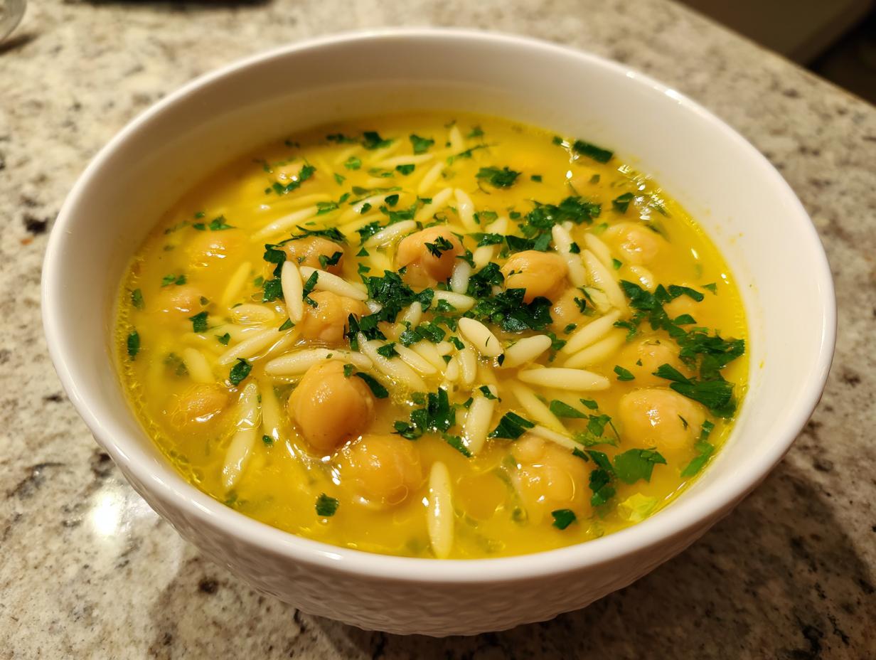 Close-up of a white bowl filled with vibrant yellow chickpea soup, featuring chickpeas, orzo pasta, and fresh parsley garnish.