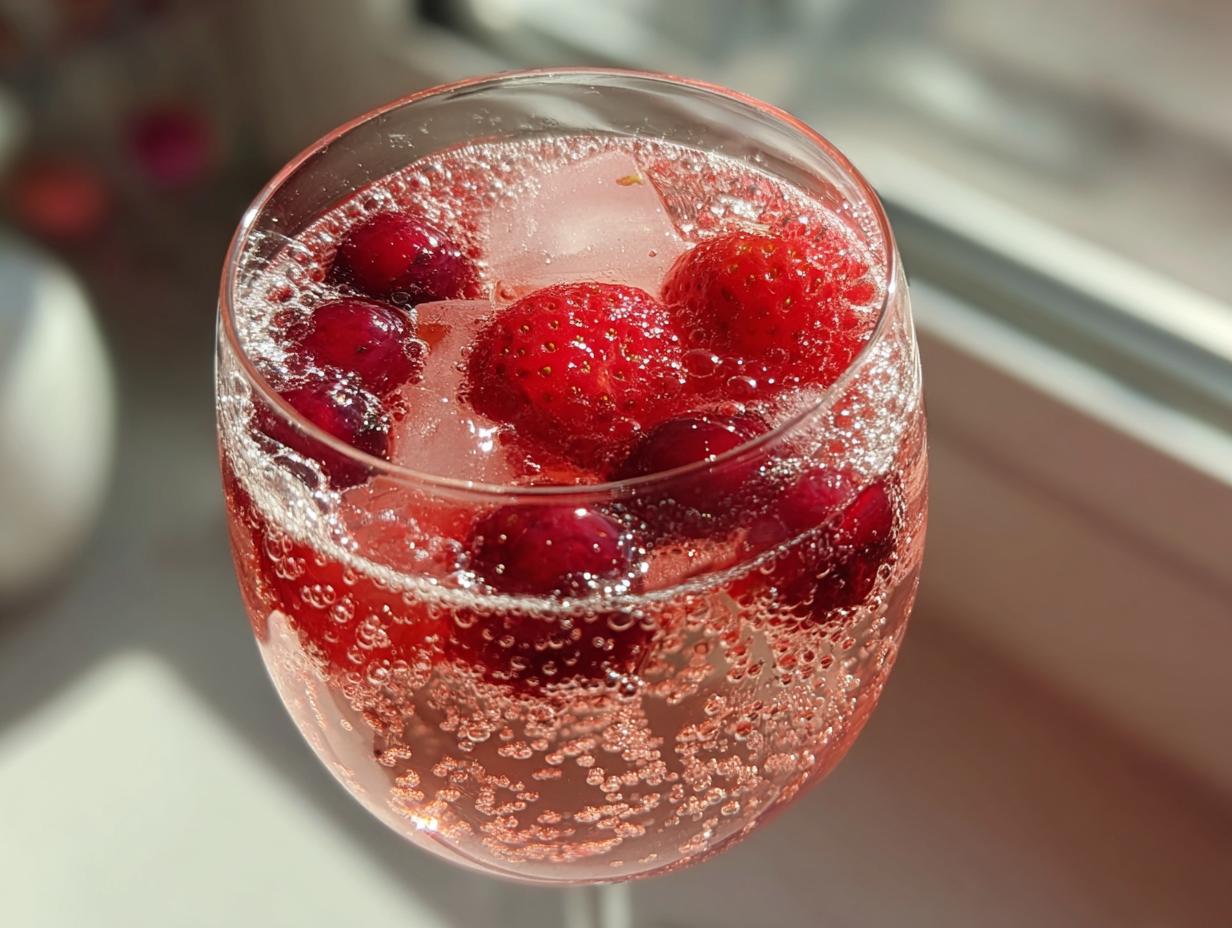 Close-up of a glass filled with sparkling pink champagne punch, ice, strawberries, and cranberries.