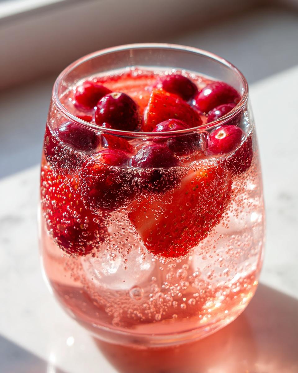 Close-up of a glass filled with bubbly pink champagne punch, ice, strawberries, and whole cranberries.