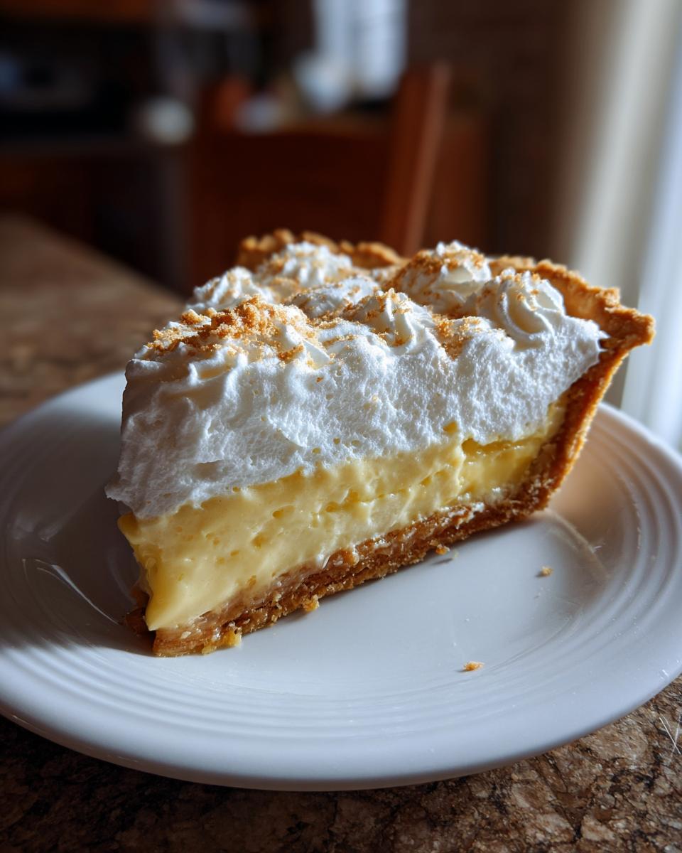 A perfect slice of butterscotch pie featuring a thick layer of yellow filling, a graham cracker crust, and high, fluffy meringue topping.