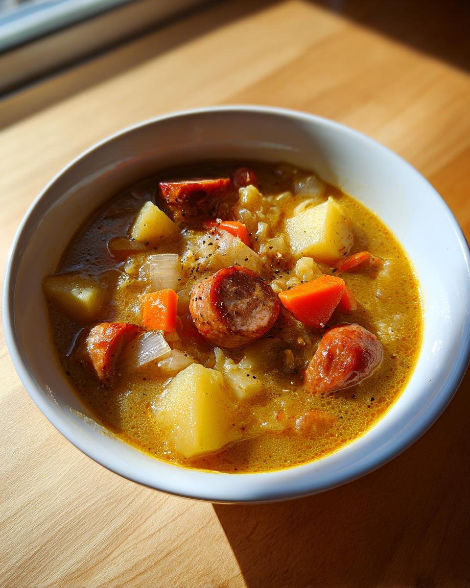 Close-up of a bowl of rich, yellow Cajun potato soup loaded with chunks of potato, carrot, onion, and sliced smoked sausage.
