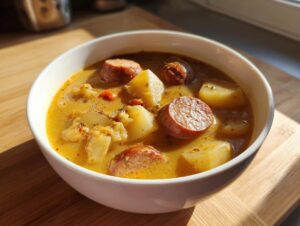 A close-up of a white bowl filled with rich, yellow Cajun potato soup chunks of potato and sliced smoked sausage.