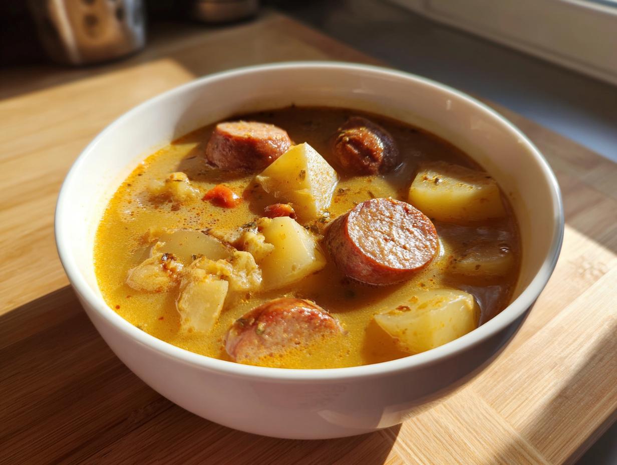 A close-up of a white bowl filled with rich, yellow Cajun potato soup chunks of potato and sliced smoked sausage.