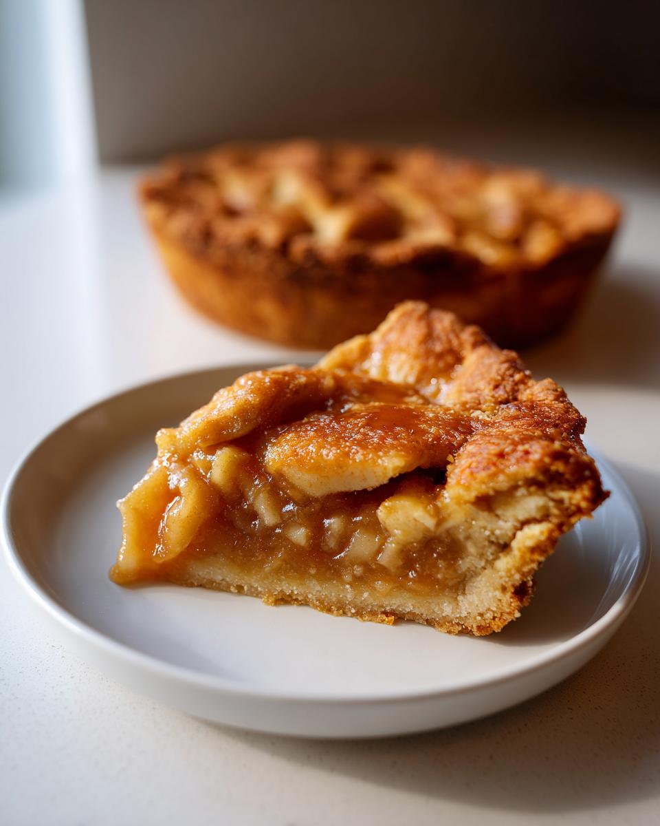 A close-up slice of gooey caramel apple dump cake on a white plate with the rest of the cake blurred in the background.