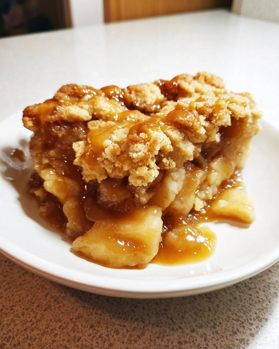 A close-up of a serving of caramel apple dump cake, featuring soft apples, rich caramel sauce, and a buttery crumble topping.