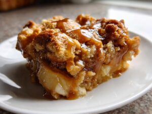 Close-up of a warm slice of caramel apple dump cake topped with rich caramel sauce.