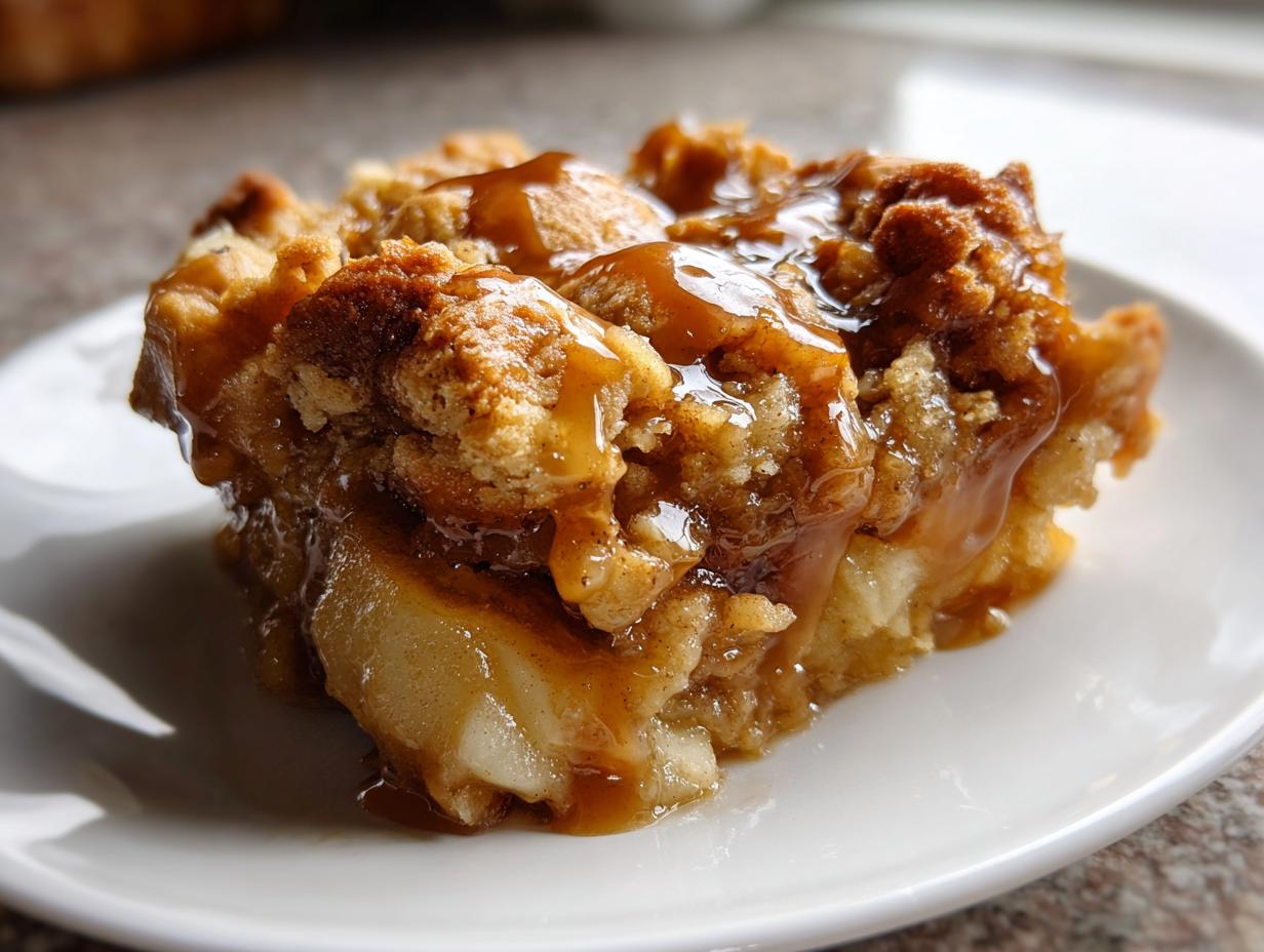 Close-up of a warm slice of caramel apple dump cake topped with rich caramel sauce.