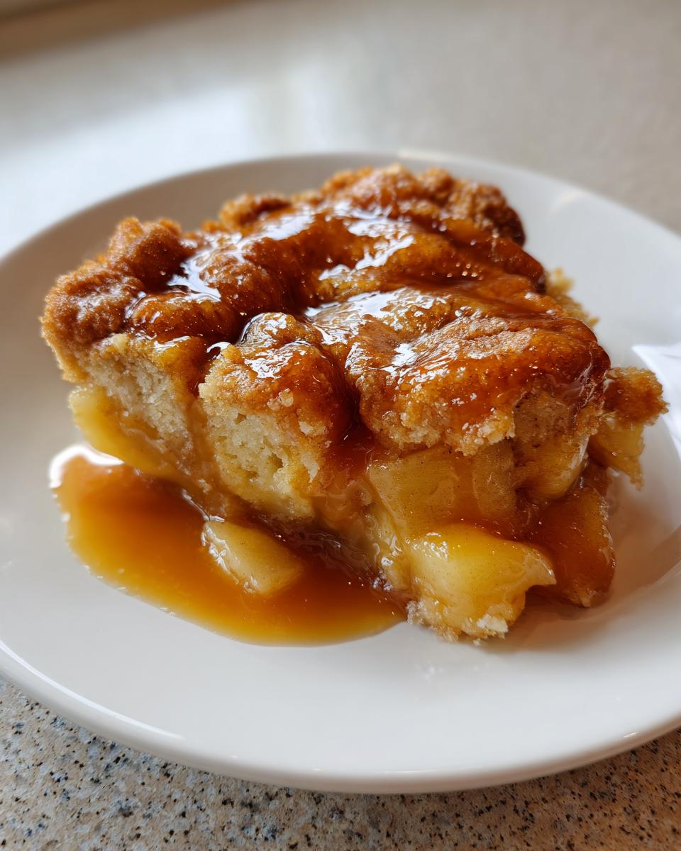 A close-up of a warm slice of caramel apple dump cake, topped with rich caramel sauce and soft apple filling.