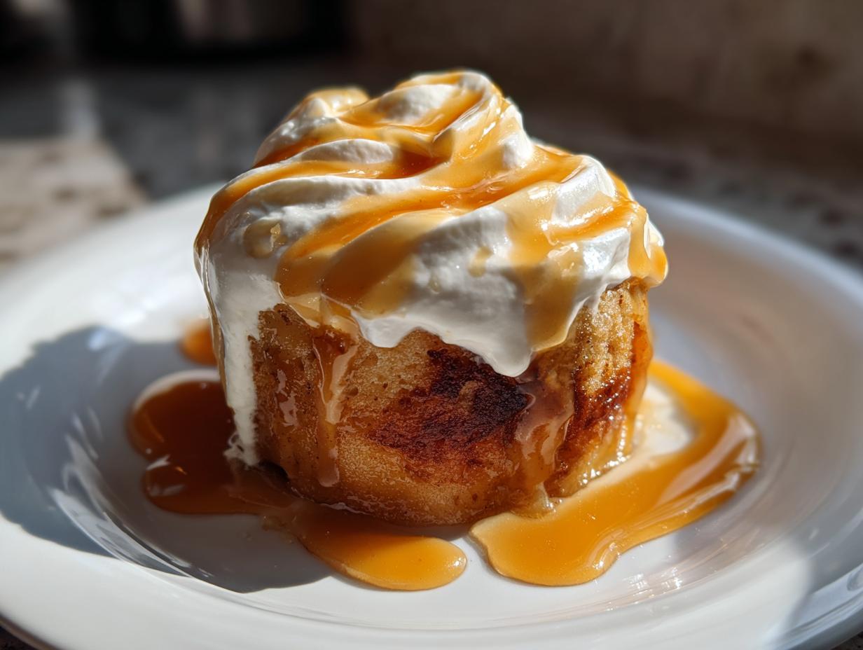 A close-up of a serving of poached pears topped with whipped cream and caramel sauce.