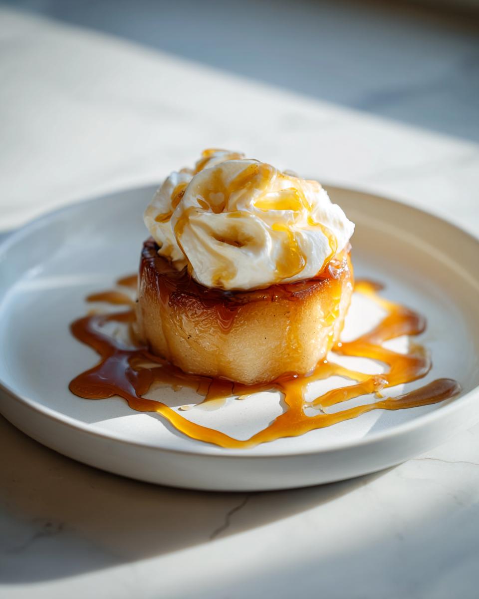 A single serving of poached pears topped with whipped cream and drizzled with caramel sauce.