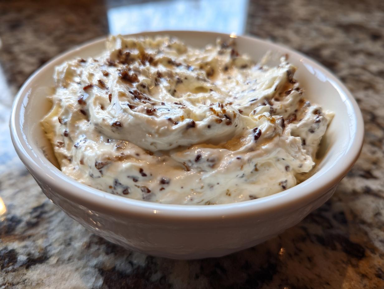 Close-up of creamy caramelized onion dip swirled in a white bowl, featuring visible bits of dark caramelized onions.