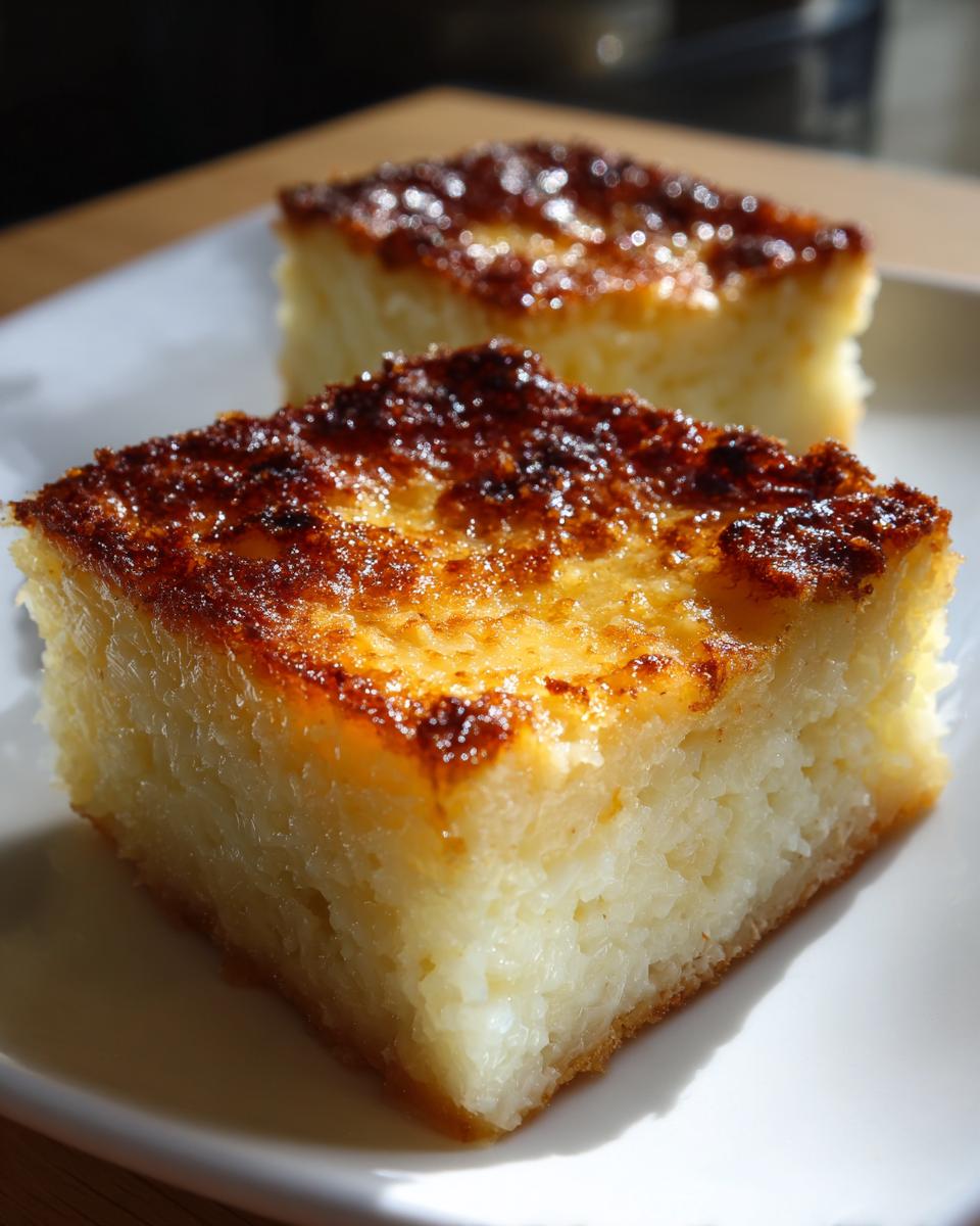 Two squares of moist cassava cake with a deeply caramelized, glossy brown top, served on a white plate.