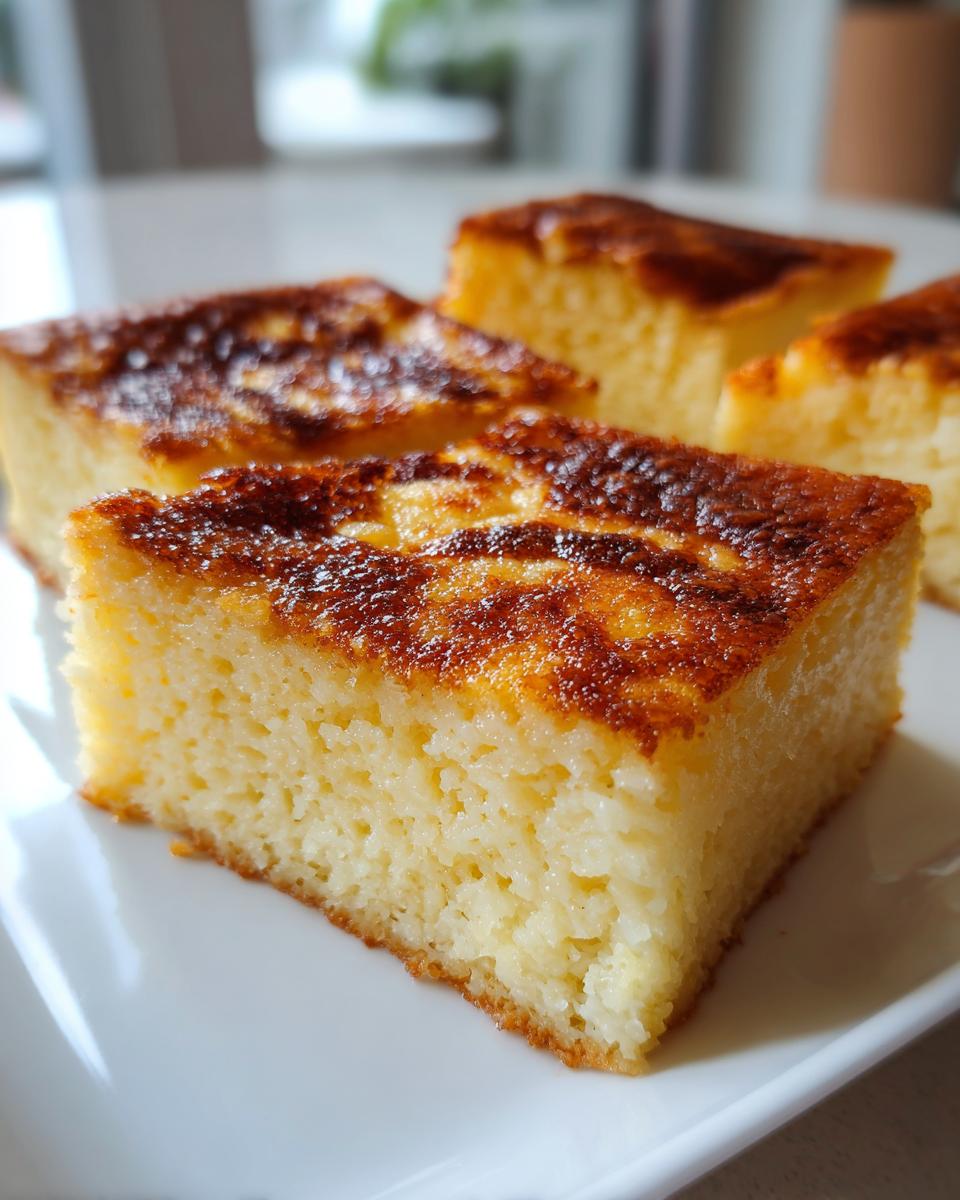 Close-up of moist, golden-brown topped slices of cassava cake served on a white plate.