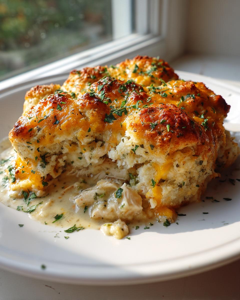 A serving of rich chicken cobbler with a cheesy biscuit topping, cut open to show creamy chicken filling.