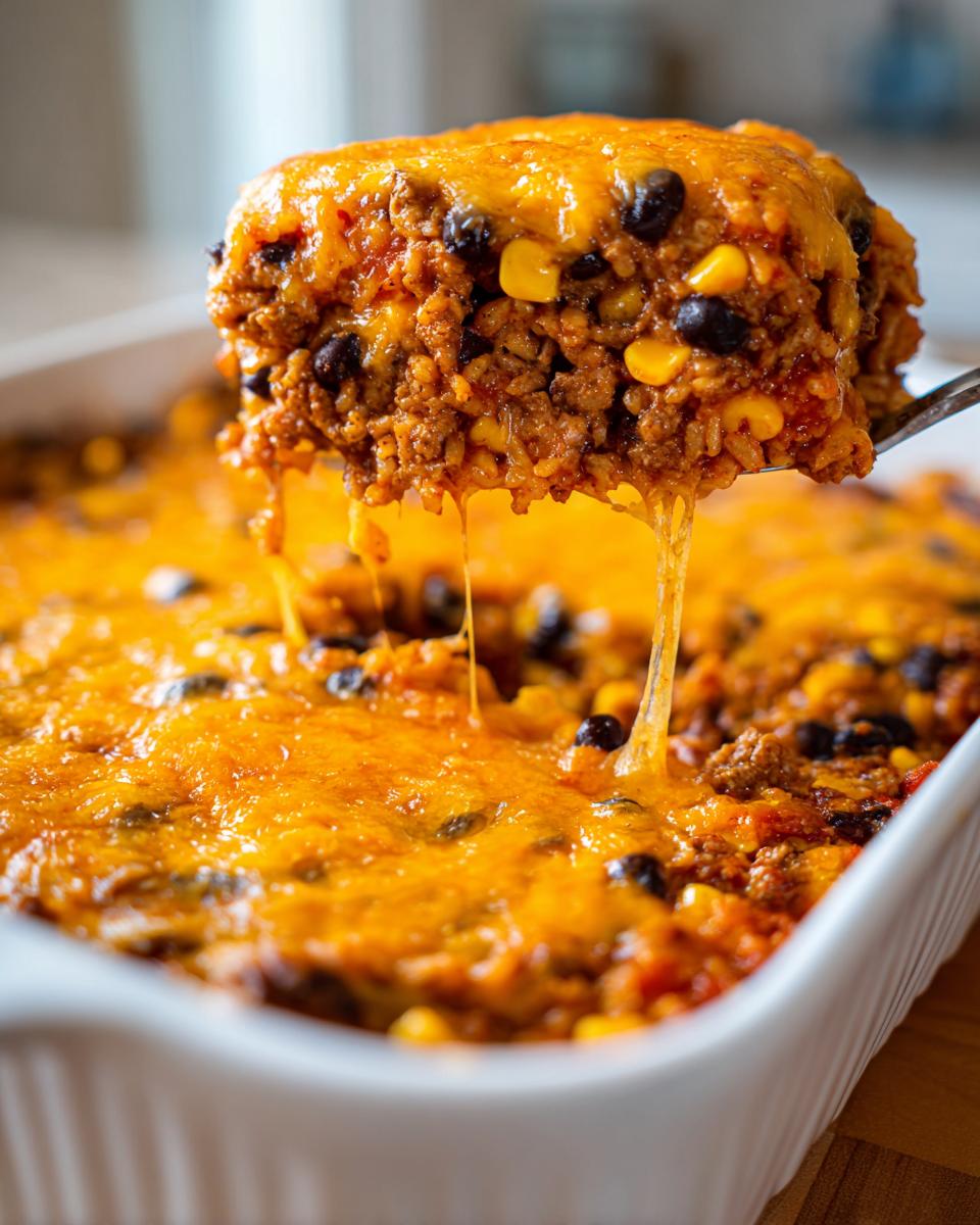 A spoonful of cheesy mexican rice casserole, showing melted cheese stretching as it is lifted from the white baking dish.