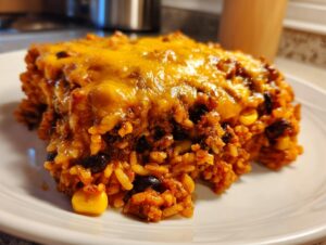 A close-up of a hearty serving of mexican rice casserole topped with melted cheddar cheese, showing rice, black beans, and corn.