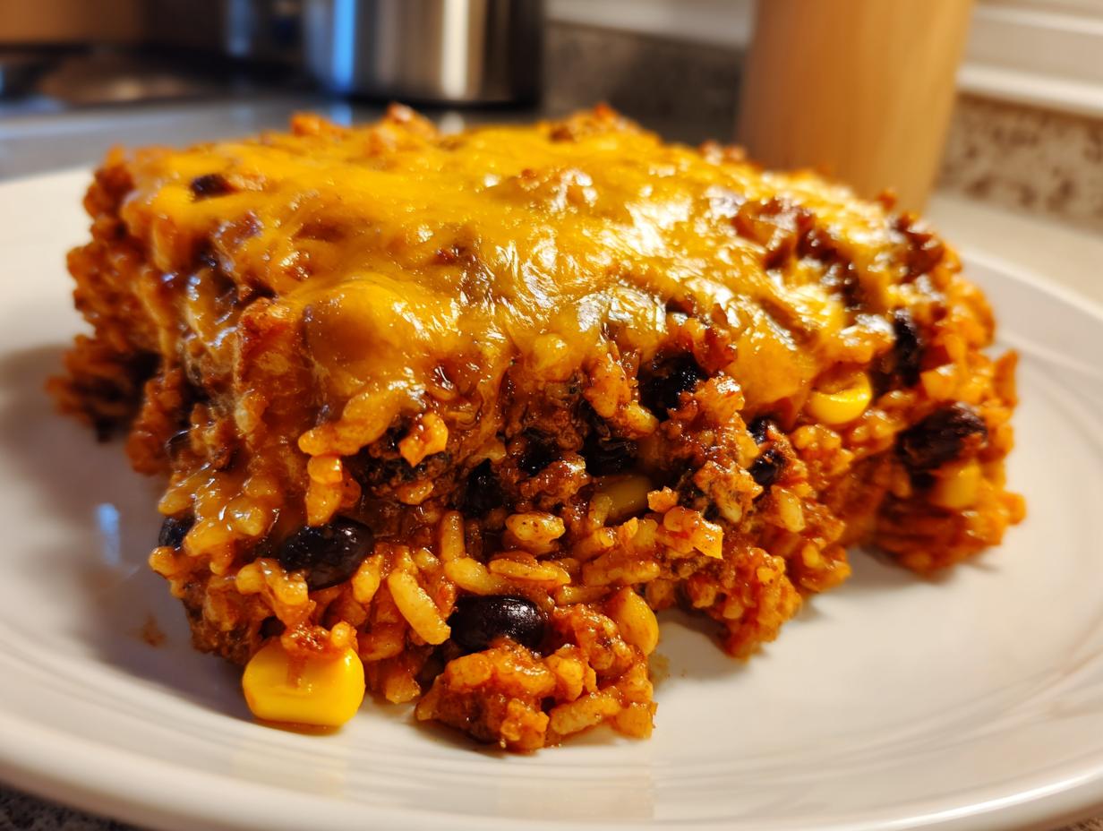 A close-up of a hearty serving of mexican rice casserole topped with melted cheddar cheese, showing rice, black beans, and corn.