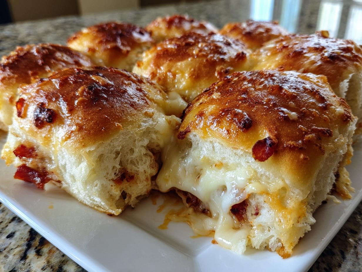 Close-up of cheesy, golden-brown pizza sliders being pulled apart, showing melted mozzarella cheese.