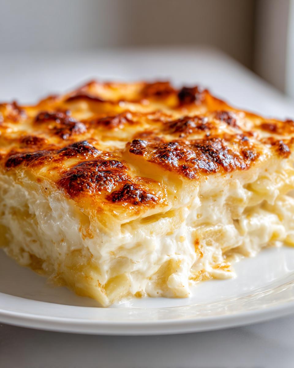 Close-up of a rich, cheesy slice of scalloped potatoes showing layers of creamy sauce and a perfectly browned, bubbly top.