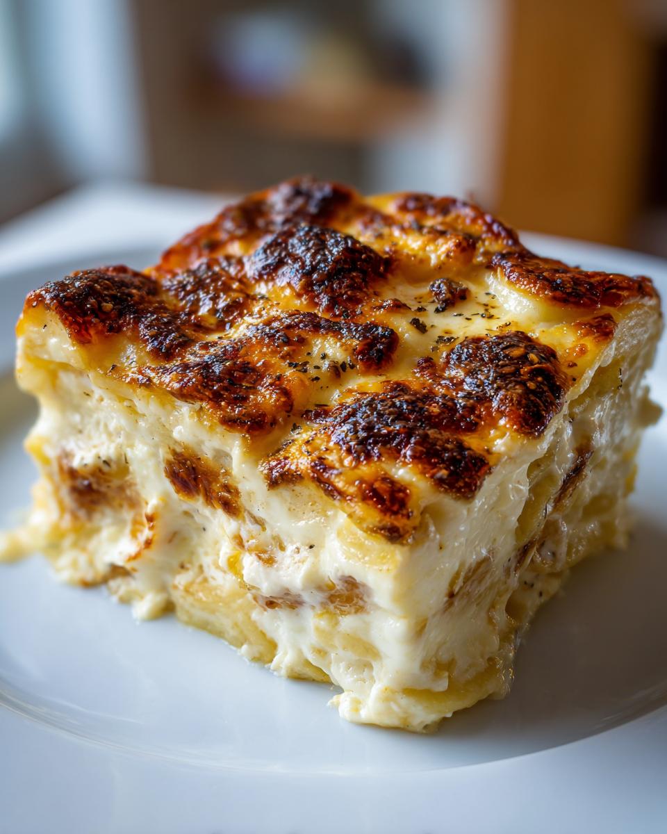 A rich, square serving of cheesy scalloped potatoes with a deeply browned, bubbly top, served on a white plate.