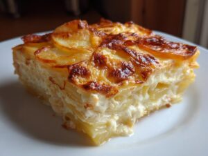 A close-up of a rich, creamy slice of scalloped potatoes with a beautifully browned, cheesy crust.