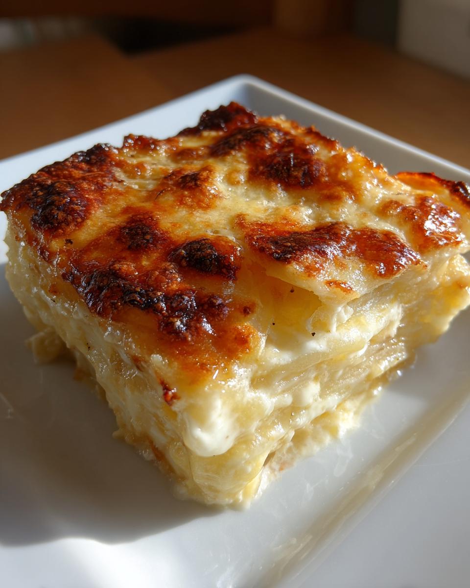 A perfect square serving of cheesy scalloped potatoes with a deeply browned, bubbly top layer.