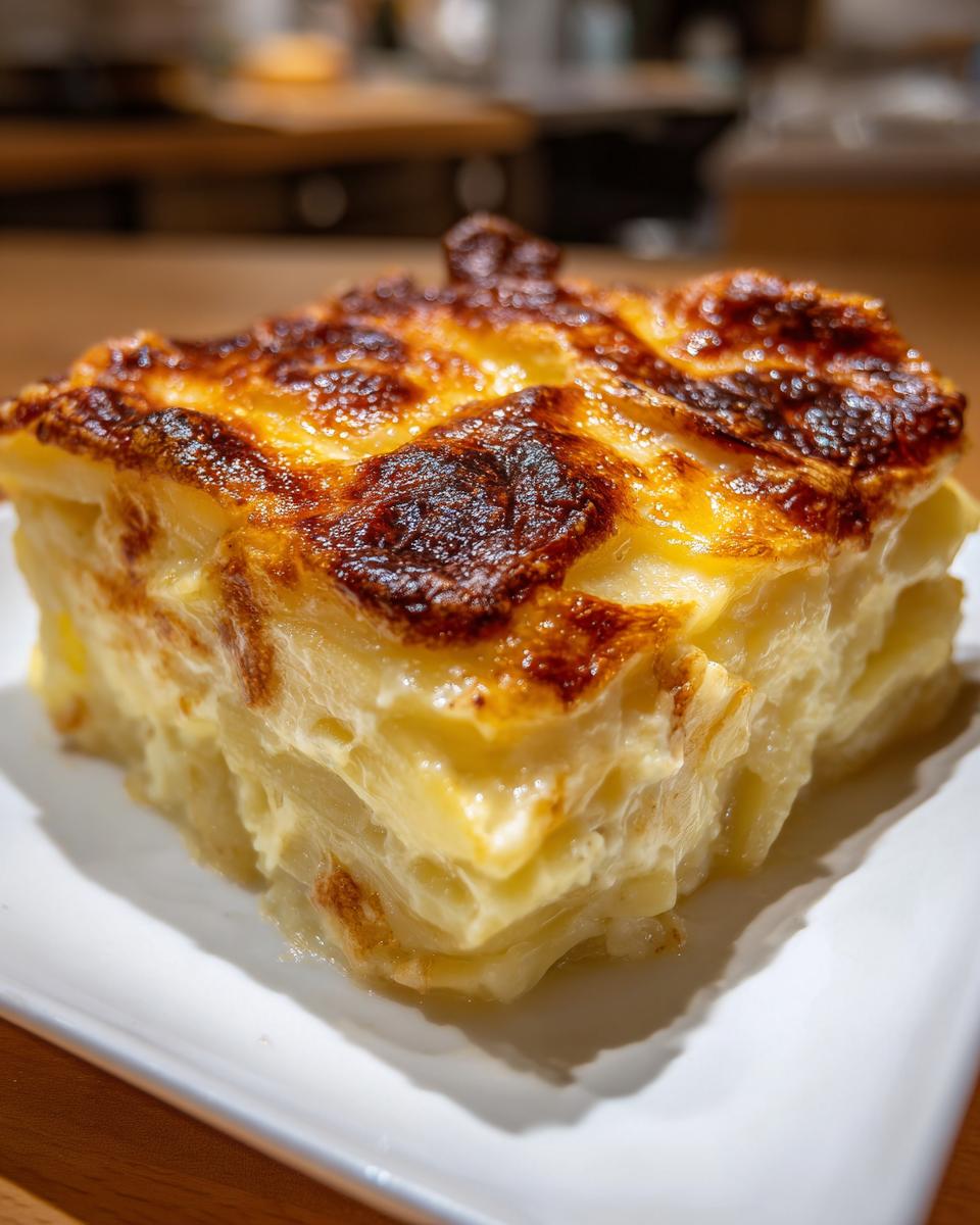 A close-up of a perfectly baked slice of cheesy scalloped potatoes with a deeply browned, bubbly top.