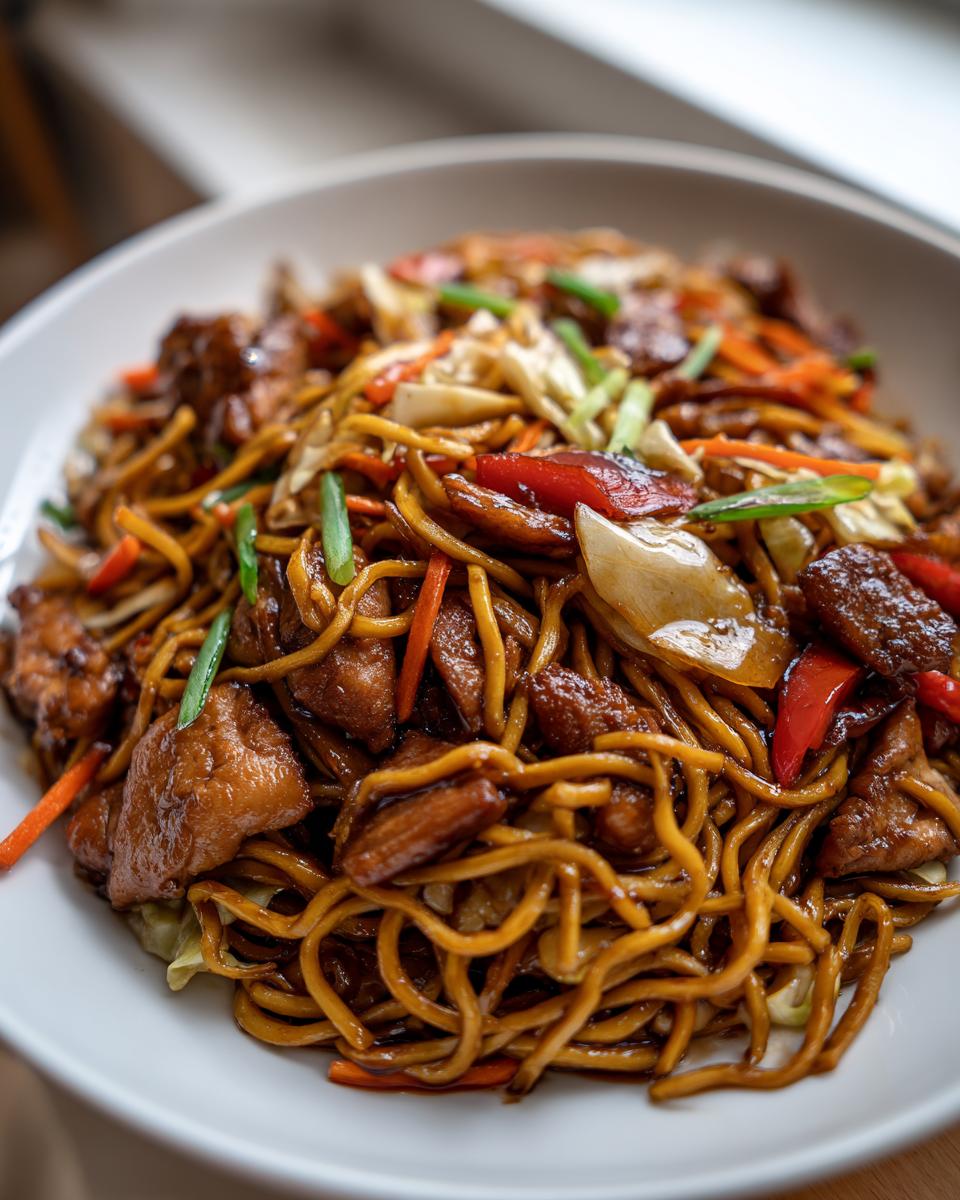 Close-up of a hearty bowl of chicken chow mein recipe, featuring glossy noodles, dark chicken pieces, carrots, and peppers.