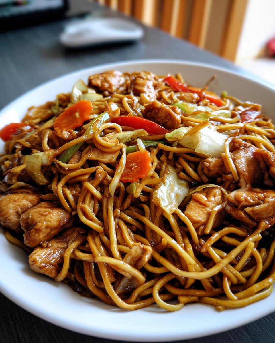 Close-up of a bowl filled with homemade chicken chow mein recipe, featuring noodles, chicken pieces, carrots, and cabbage.
