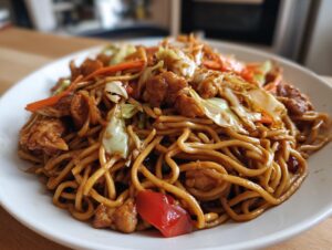 A close-up, appetizing shot of a white plate piled high with saucy chicken chow mein recipe noodles, mixed with cabbage and carrots.