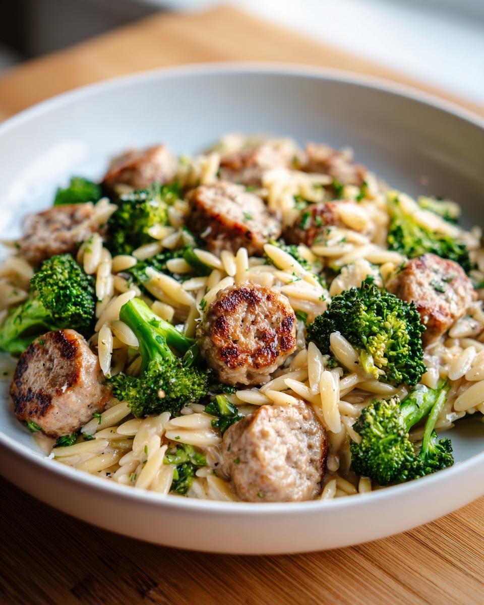 A close-up of a white bowl filled with savory chicken sausage and broccoli orzo pasta, garnished with herbs.