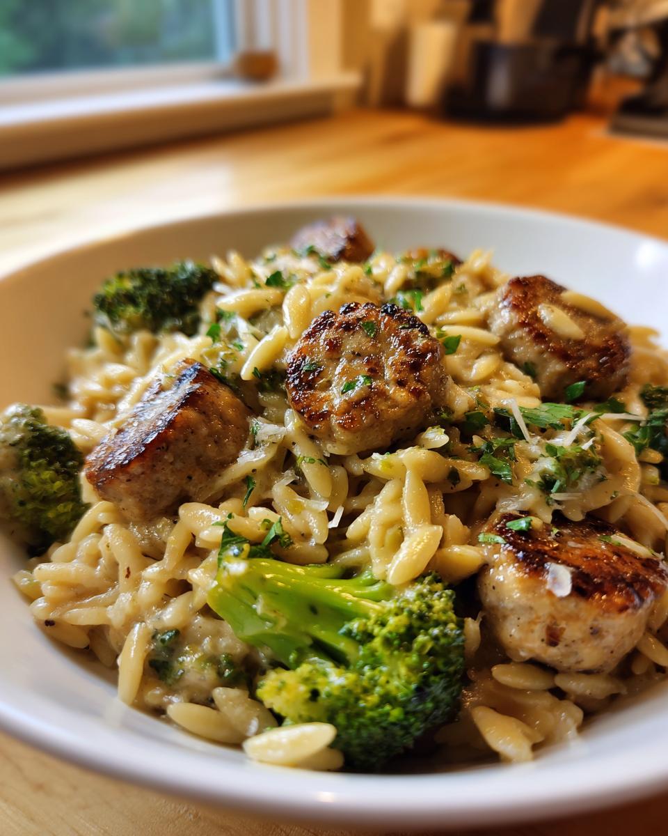 A close-up serving of creamy chicken sausage and broccoli orzo, topped with herbs and Parmesan cheese.