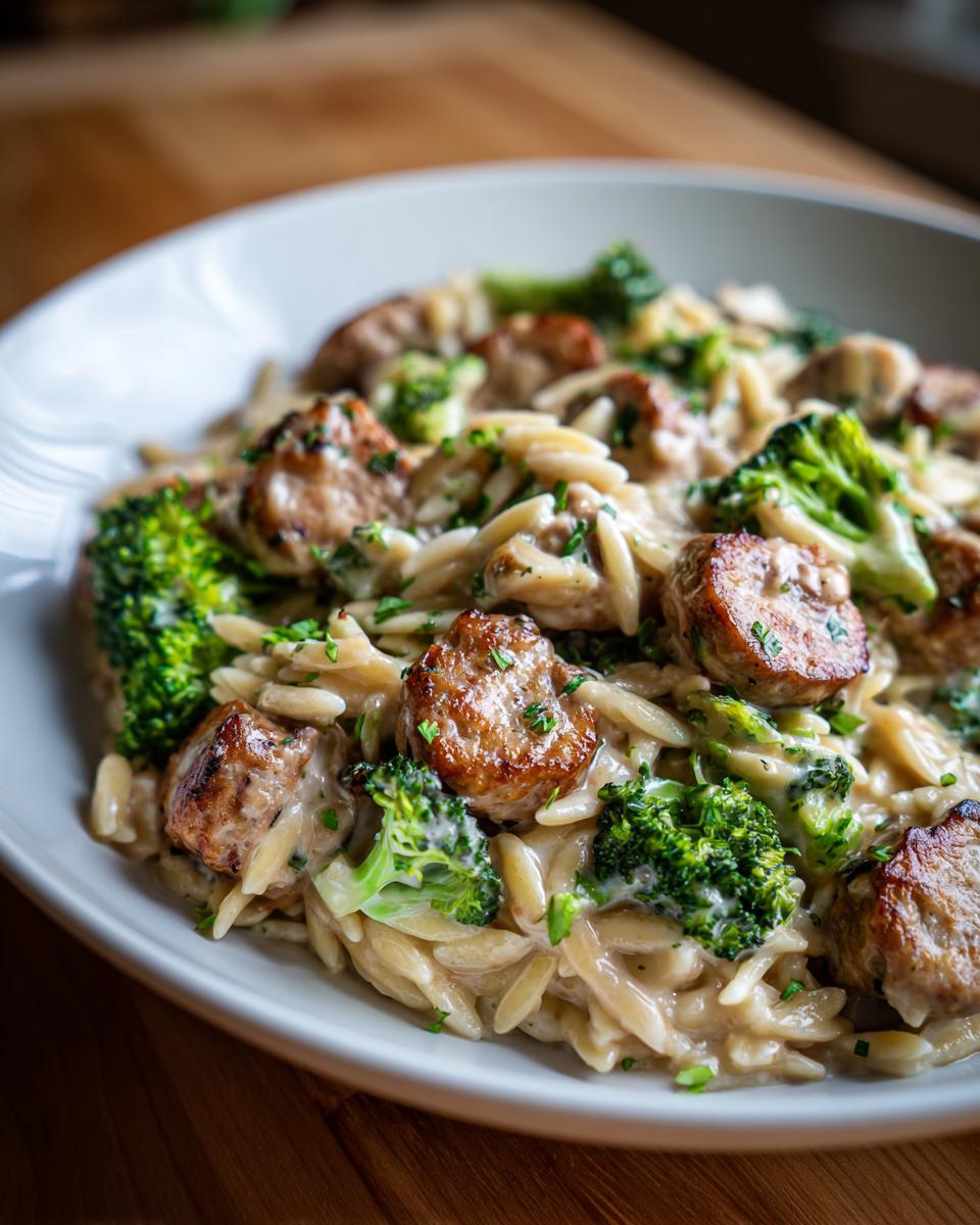 Close-up of creamy chicken sausage and broccoli orzo pasta served in a white bowl.