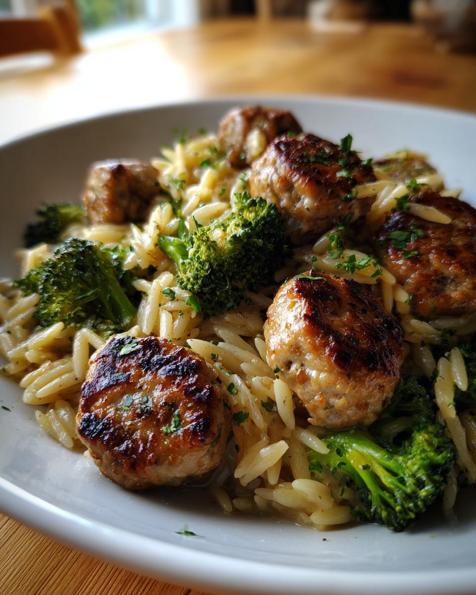 Close-up of seared chicken sausage and bright green broccoli mixed with orzo pasta.