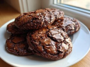 A stack of rich, dark chocolate brownie cookies featuring signature crinkly tops, resting on a white plate.
