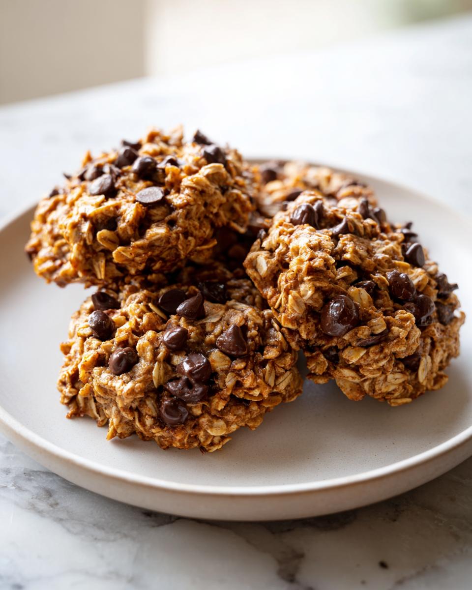 Four freshly baked banana oatmeal cookies loaded with chocolate chips resting on a light gray plate.