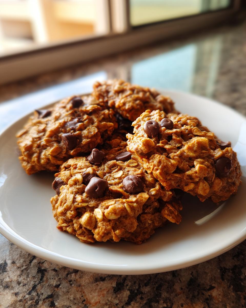 A close-up of four delicious banana oatmeal cookies studded with chocolate chips, resting on a white plate.