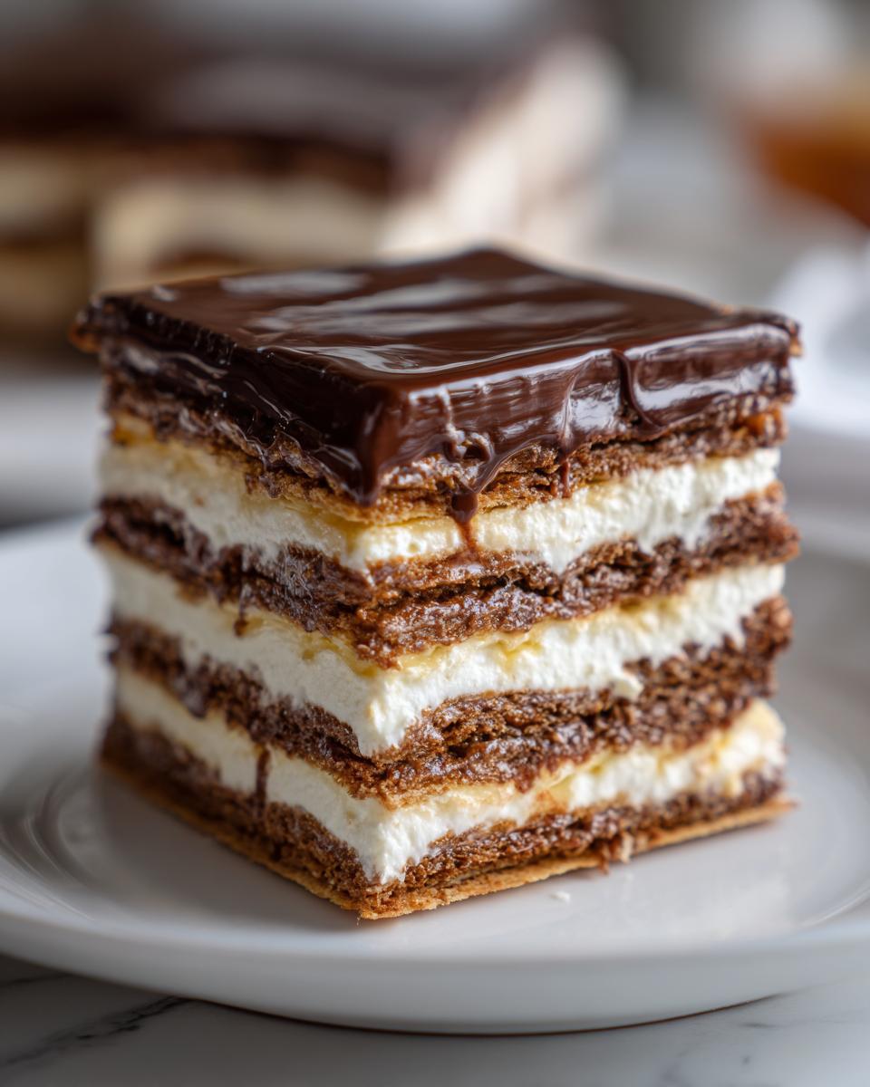 Close-up of a square slice of chocolate eclair cake with layers of cream and chocolate glaze.