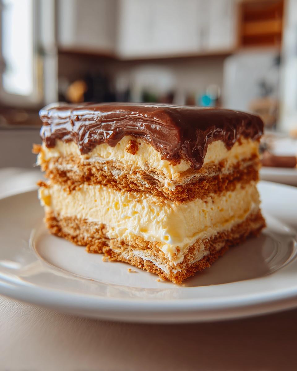 A close-up of a layered slice of chocolate eclair cake featuring graham crackers, vanilla cream, and chocolate ganache topping.