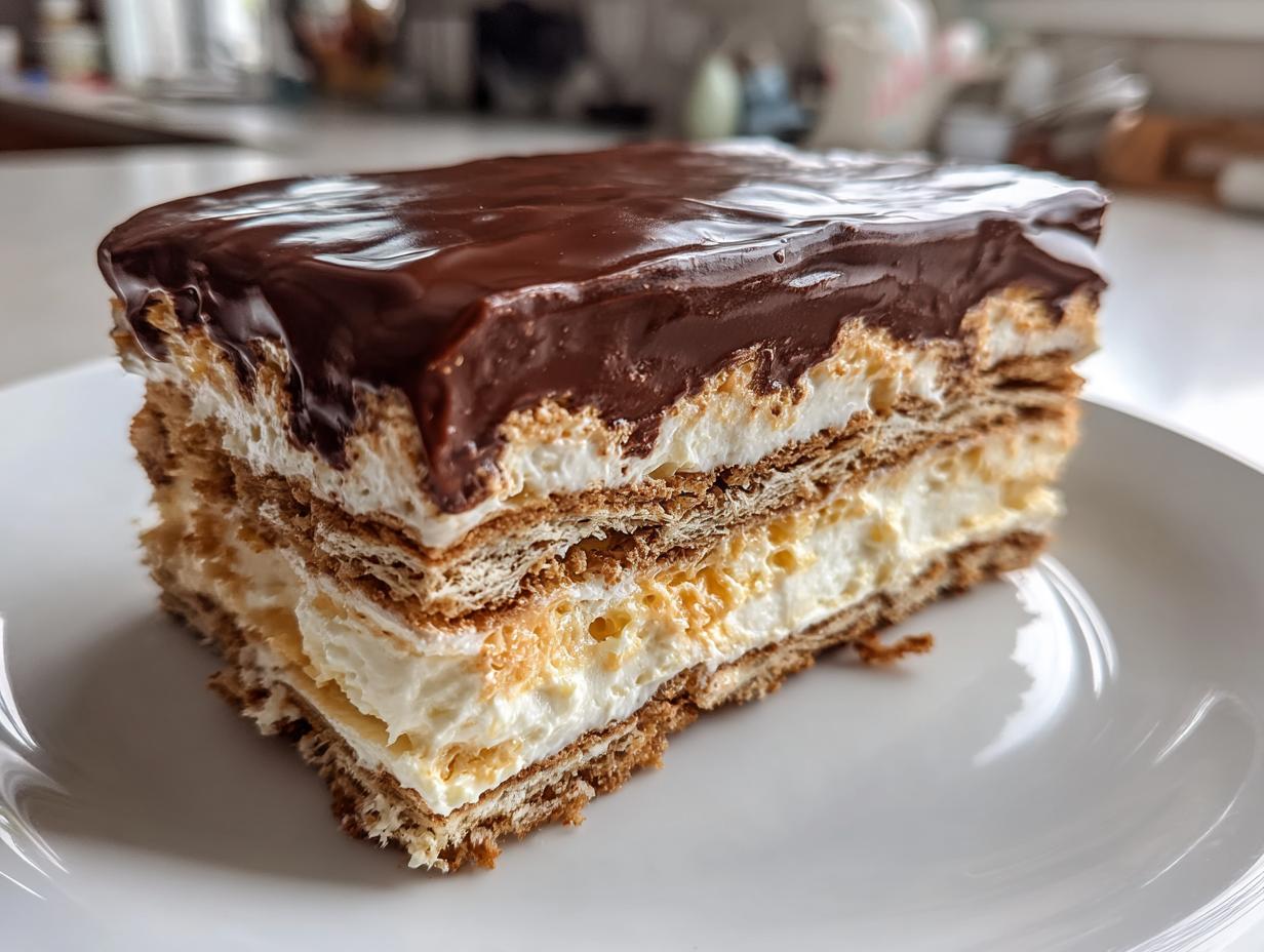 Close-up of a layered slice of chocolate eclair cake featuring graham crackers, vanilla cream filling, and chocolate glaze.