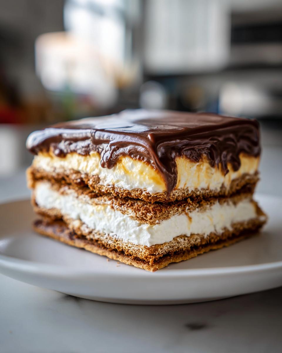 A decadent square slice of chocolate eclair cake featuring layers of graham crackers, cream filling, and rich chocolate ganache topping.
