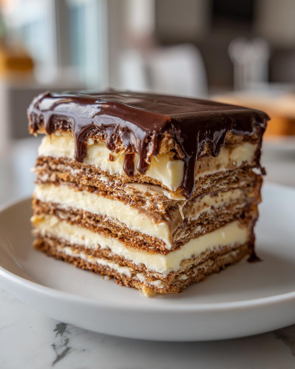A tall, layered slice of chocolate eclair cake featuring graham cracker layers, vanilla cream filling, and a rich chocolate glaze dripping down the sides.
