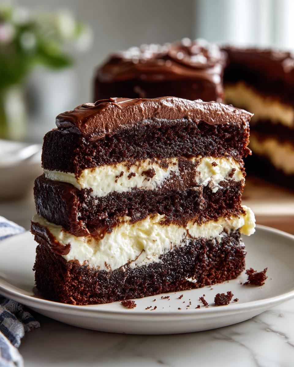 A decadent slice of chocolate italian love cake featuring three dark layers separated by thick white cream filling and topped with chocolate frosting.