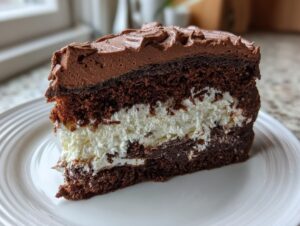 A decadent slice of chocolate italian love cake featuring dark chocolate layers and a thick white creamy filling, topped with chocolate frosting.
