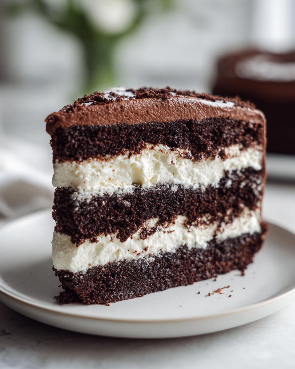 Close-up of a decadent slice of chocolate layer cake with white cream filling, not the italian love cake.