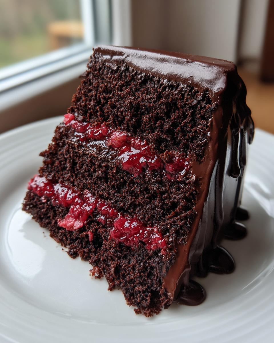 A decadent slice of chocolate raspberry cake showing dark layers, bright red raspberry filling, and dripping chocolate ganache.