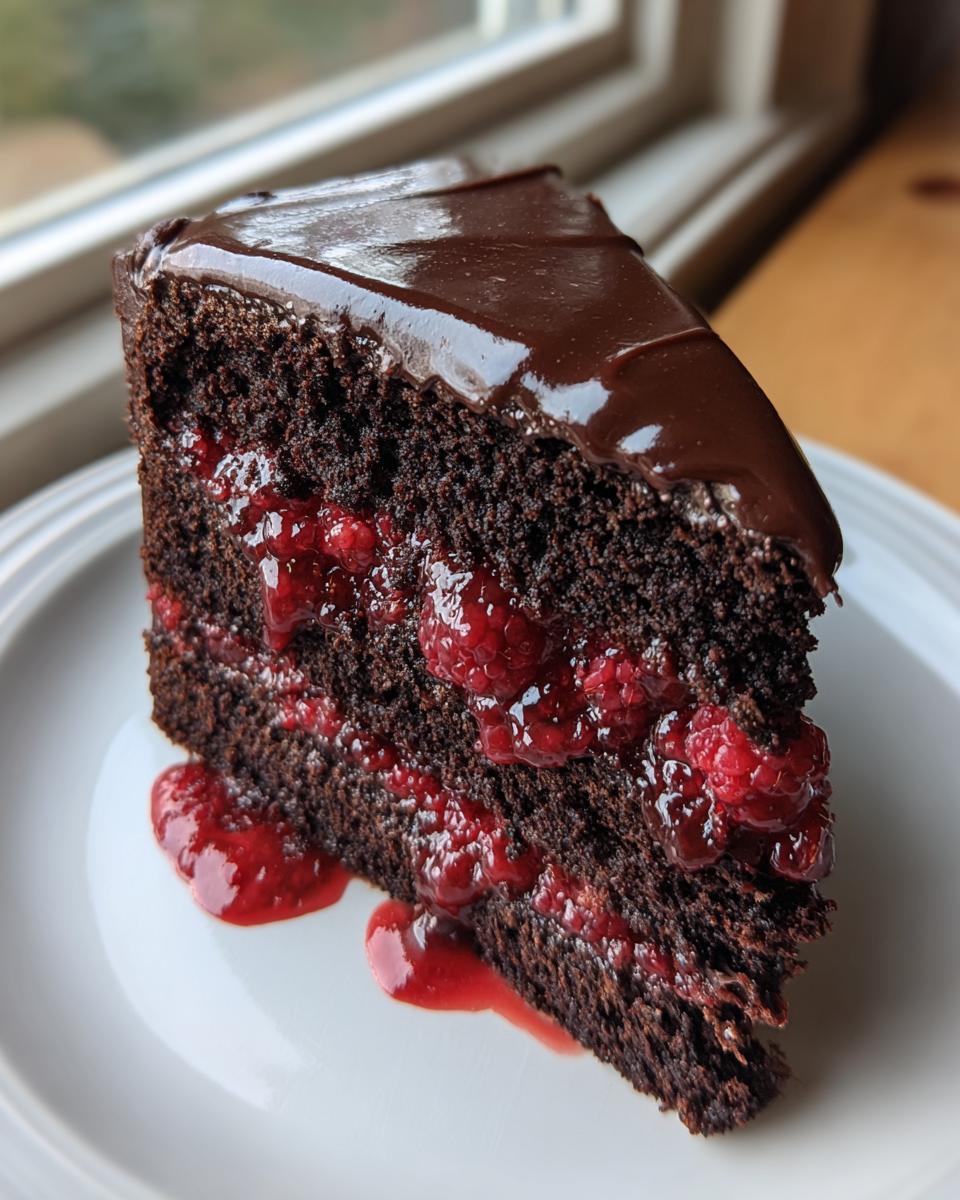 A rich slice of chocolate raspberry cake showing three layers, filled with raspberry jam and topped with glossy chocolate ganache.