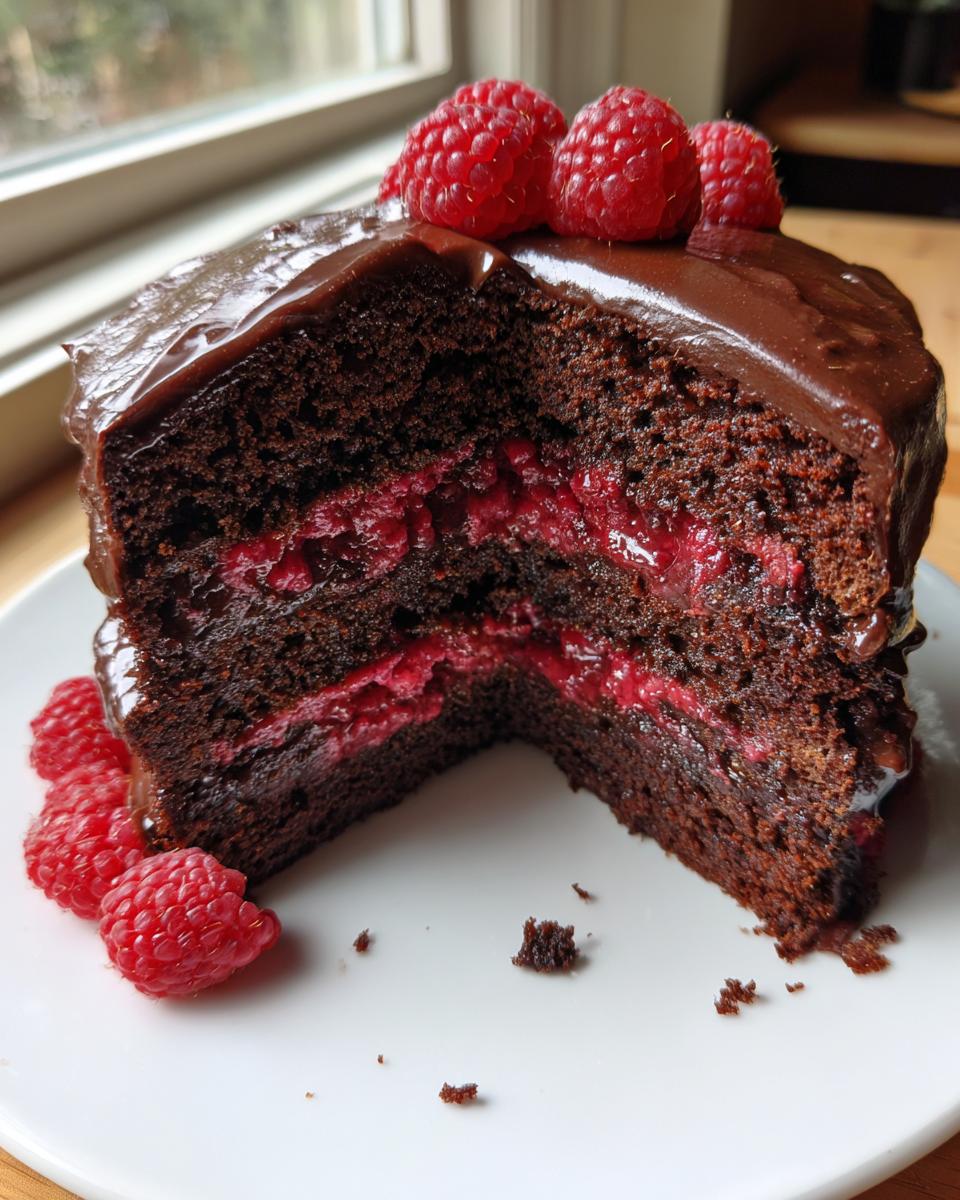 Cross-section view of a rich chocolate raspberry cake showing three layers, dark chocolate frosting, and fresh raspberries.