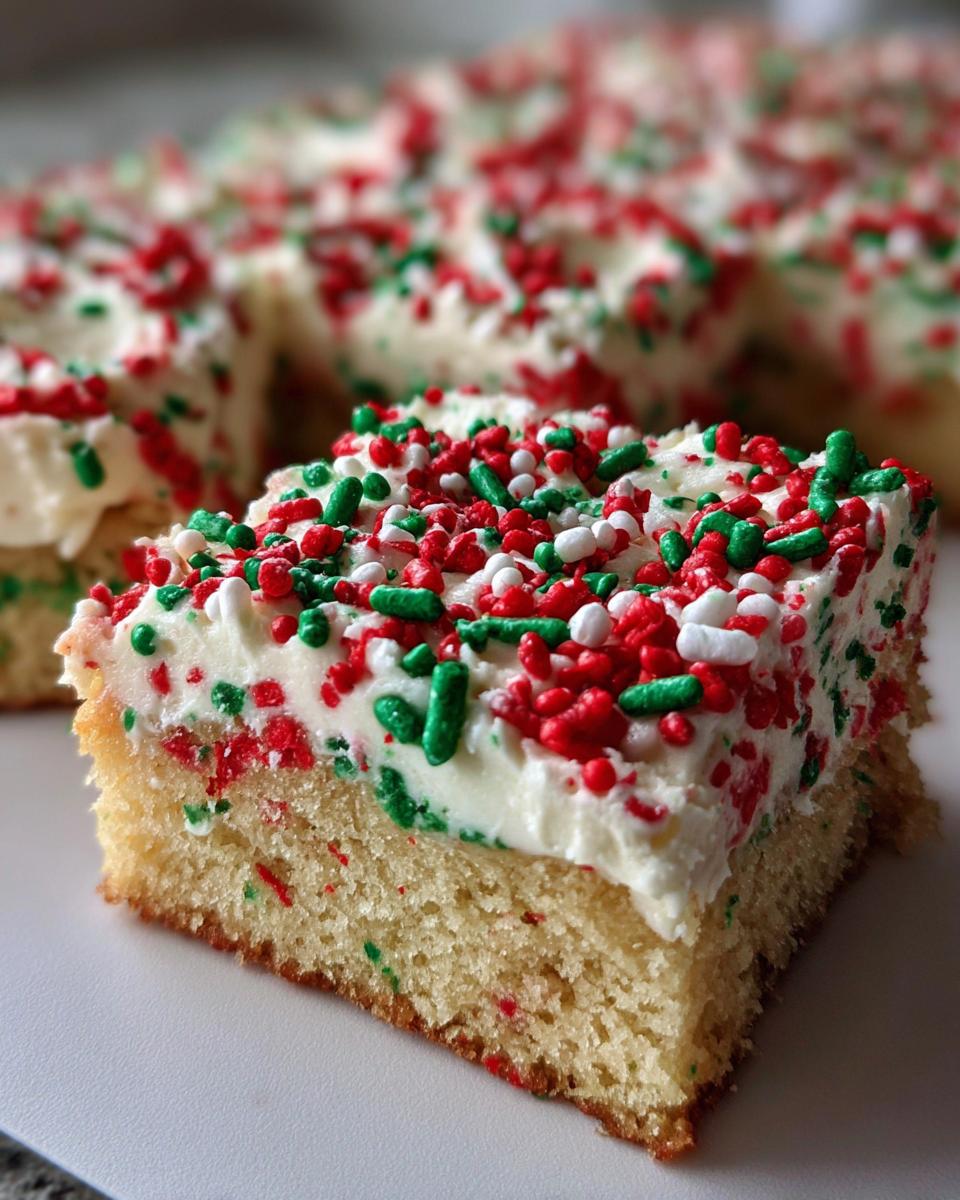 A close-up of a square slice of christmas sugar cookie bars topped with thick white frosting and red, green, and white sprinkles.