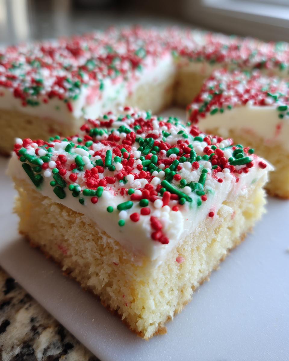 Close-up of a square slice of Christmas sugar cookie bars topped with white frosting and red, green, and white sprinkles.
